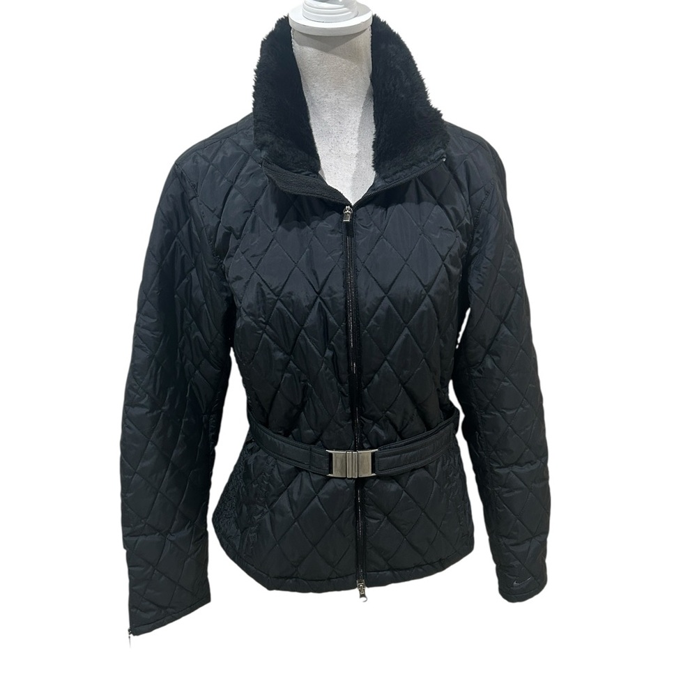 Nike Black Quilted zip up Puffer belted Jacket faux fur collar size large